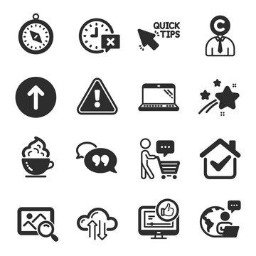 Set of Business icons, such as Travel compass, Time, Quote bubble symbols. Cloud sync, Copyrighter, Coffee cup signs. Like video, Search photo, Quick tips. Laptop, Swipe up, Buyer think. Vector