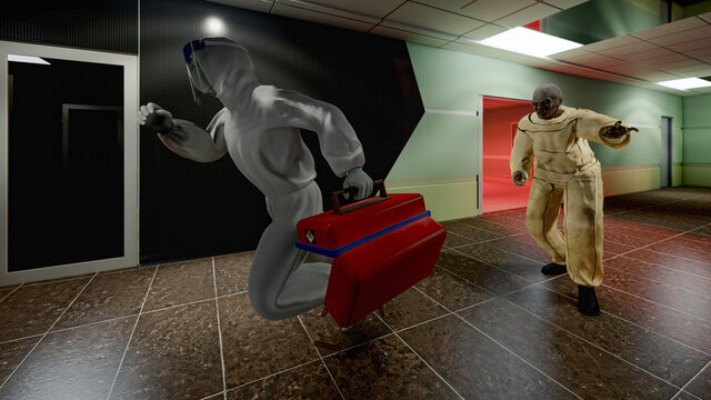 Image of a zombie attack on a doctor 3D illustration