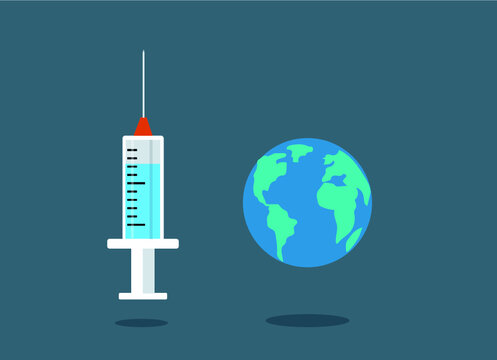 une seringue repr&eacute;sentant le vaccin est positionn&eacute;e &agrave; c&ocirc;t&eacute; de la plan&egrave;te terre