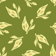 Natural seamless pattern with simple doodle yellow leaves ornament on green background.