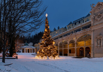 Main colonnade in winter - snow in spa center of Marianske Lazne (Marienbad) - Czech Republic