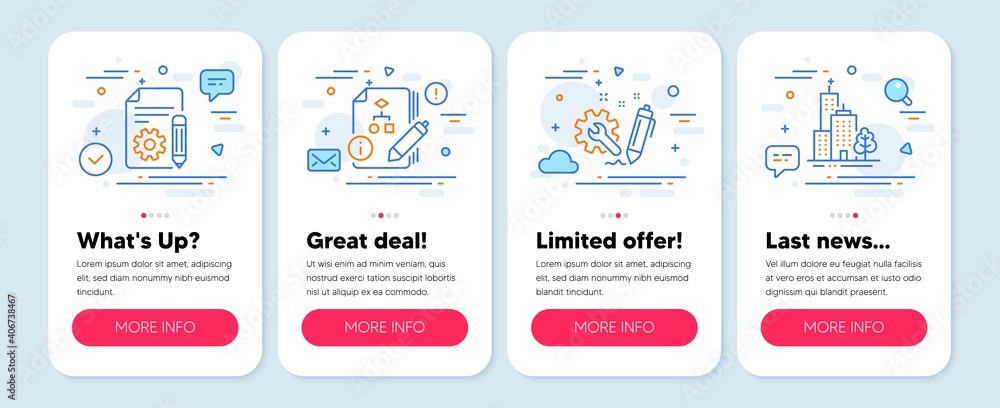 Poster set of industrial icons, such as algorithm, documentation, engineering symbols. mobile screen mockup