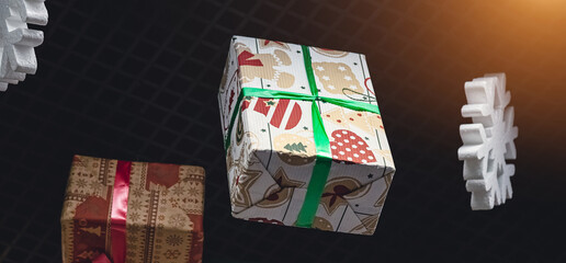 boxes with gifts on a dark background of squares