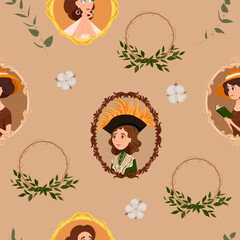 Seamless pattern with vintage lady and green plants, cotton. Vector illustration