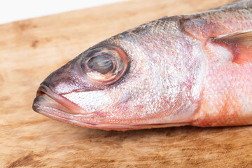 Red-eyed sea fish on a wooden kitchen board on a white background, isolate. Close-up, macro