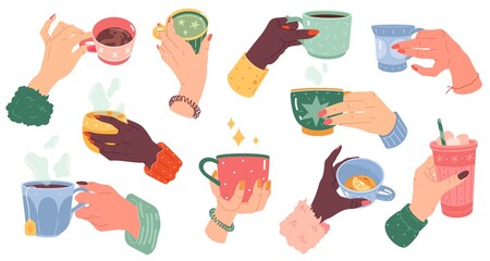 Woman hands with beverage cups. Female arms with manicure hold different mugs with hot drink, coffee, cocoa and tea. Colorful tableware for morning drinks cartoon vector isolated set