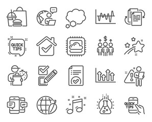 Fototapeta na wymiar Education icons set. Included icon as Checkbox, Quick tips, Chemistry lab signs. Meeting, Talk bubble, Smartphone sms symbols. Stock analysis, Bureaucracy, Education. Musical note. Vector