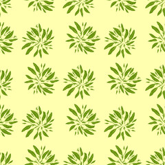Nature seamless doodle pattern with bright green foliage leaf silhouettes. Light yellow background.