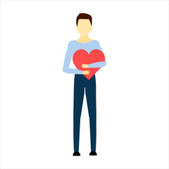 vector illustration of a guy holding a big red heart on a white background. A man gives love and his heart