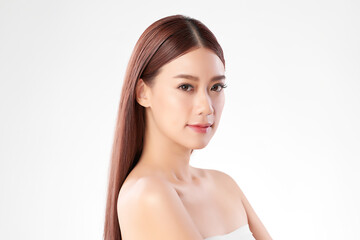 Obraz na płótnie Canvas Beautiful young asian woman with clean fresh skin on white background, Face care, Facial treatment, Cosmetology, beauty and spa, Asian women portrait