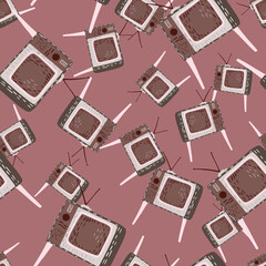 Random seamless pattern with vintage doodle tv ornament. Pink background. Media design.