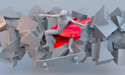 statue of skateboarder david covered in red cloth in the style of the renaissance cool jumping against the backdrop of stone and marble triangular shapes nft
