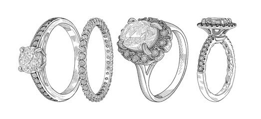 Jewellery. Hand drawn illustration of different wedding jewelry rings isolated on white background.Sketch of 4 rings in one drawing. Advertising material - 406740006
