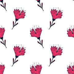 Botanic isolated seamless pattern with bright pink flower contoured elements. White background.