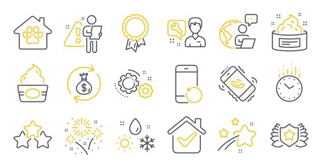 Set of Business icons, such as Time, Repairman, Skin cream symbols. Call center, Fireworks, Ice cream signs. Success, Money exchange, Recovery phone. Pet shelter, Weather, Gears. Laureate. Vector