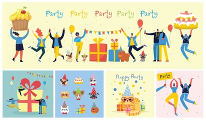 Fototapeta premium Party background. Happy group of people jumping on a bright background. The concept of friendship, healthy lifestyle, success. Vector illustration