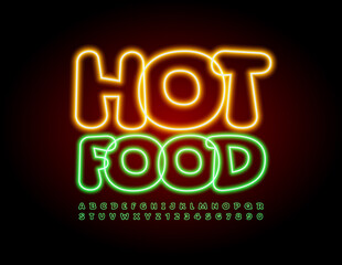 Vector glowing logo Hot Food. Creative Led Font. Bright Neon Alphabet Letters and Numbers set