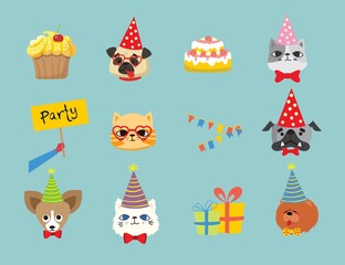 Puppy party background. Cute greeting card with presents, dogs, cats and puppies