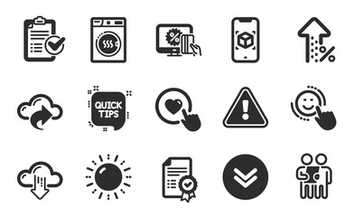 Certificate, Augmented reality and Dryer machine icons simple set. Scroll down, Quick tips and Sun energy signs. Cloud share, Like button and Survey symbols. Flat icons set. Vector