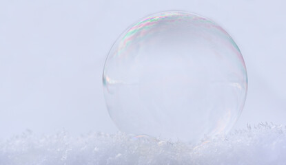 Close up and background of a soap bubble lying on a white blanket of snow and shining in the sun