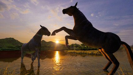 The image of horses on the background of the sunset 3D illustration