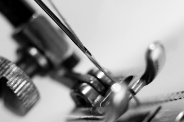 sewing machine, macro object, black and white image