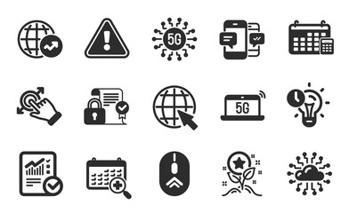 Cloud network, 5g technology and Medical calendar icons simple set. Time management, Checked calculation and Smartphone sms signs. Flat icons set. Vector
