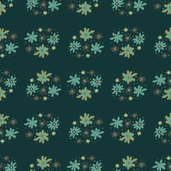 Nature seamless abstract botanic pattern with cartoon blue and green flowers. Dark background.