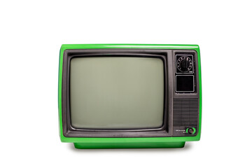 Retro green old television receiver with clipping path isolated on white background
