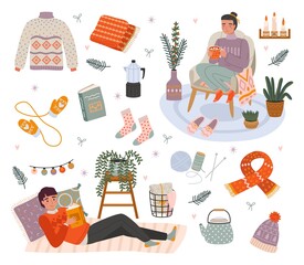 Cozy people characters. Relax time at home, young man and woman chill among cozy little things, knitwear and comfort. House pleasant winter hygge interior. Cartoon vector set