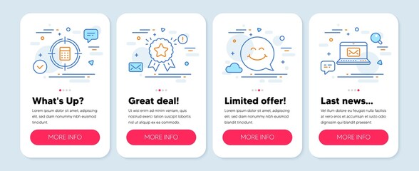Set of Technology icons, such as Ranking star, Calculator target, Smile face symbols. Mobile screen mockup banners. E-mail line icons. Winner medal, Audit, Chat. New message. Vector