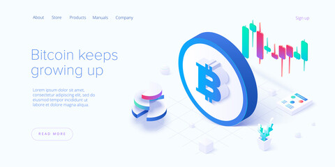Cryptocoin mining farm layout. Cryptocurrency and blockchain network business isometric vector illustration. Crypto currency exchange or transaction process background.