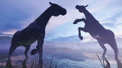 Image of a horse on the lake 3D illustration