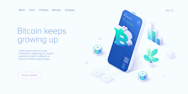 Cryptocoin mining farm layout. Cryptocurrency and blockchain network business isometric vector illustration. Crypto currency exchange or transaction process background.