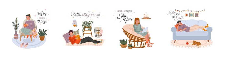 Relaxing people. Young women and men at cozy home scenes, boys and girls characters chill on sofas and armchairs, house winter hygge interior cute little things. Vector cartoon set