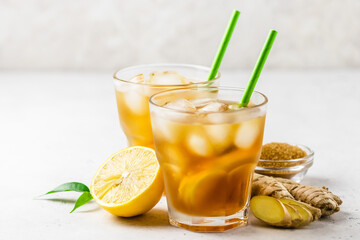 Gin maple earl grey tea  in glasses. Space for text.