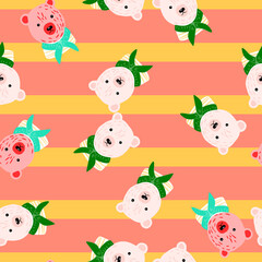 Seamless pattern with sailor bear ornament. Animal backdrop with pink and yellow striped background.