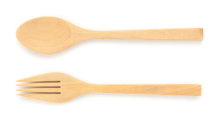 Close up top view wooden fork and spoon on white background isolated