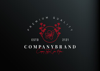 abstract blooming flower logo design. Vector illustration of blooming flower with botanical frame. Vintage logo design vector line icon template