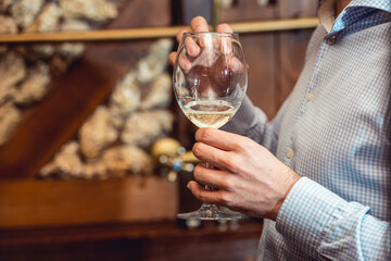 man in a blue checkered shirt holds glass of white wine