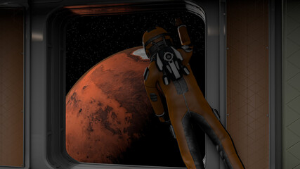 Image of an astronaut in the background of Mars 3D illustration 
