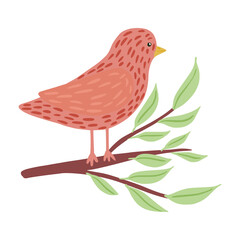 Bird sitting on twig isolated on white background. Cute simple character pink color on stick with foliage in doodle style.