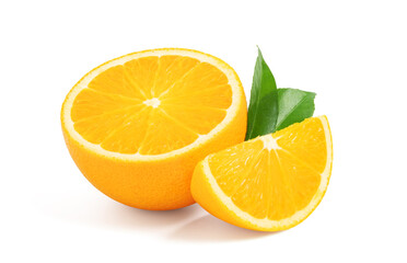 Orange fruit with cut half and slice with leaf isolated on white background, clipping path