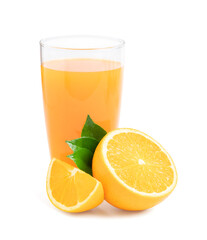 Glass of fresh orange juice with fruits cut in half and sliced with green leaf isolated on white background, clipping path