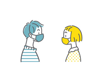 正しくマスクを着用している子供のシンプルな線画イラスト
