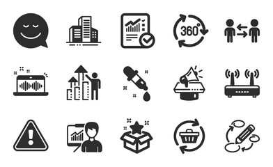 Wifi, Buildings and Music making icons simple set. Teamwork business, Loyalty program and Employee results signs. Presentation, Megaphone and Keywords symbols. Flat icons set. Vector