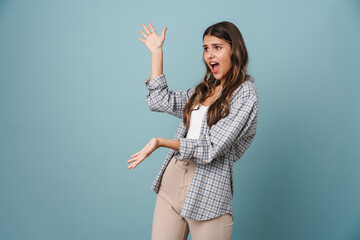 Nervous beautiful caucasian girl speaking and gesturing