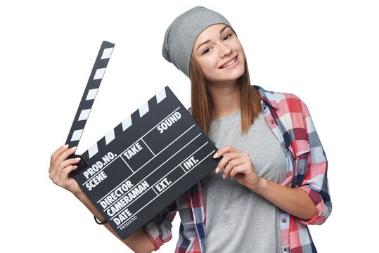 Smiling Teen Girl Holding Clap Board