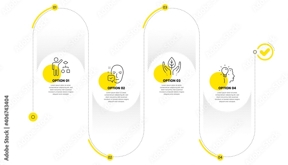 Poster fair trade, face accepted and algorithm line icons set. timeline process infograph. idea sign. safe 