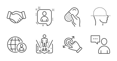 Users chat, Handshake and Capsule pill line icons set. Touchscreen gesture, Augmented reality and International recruitment signs. Developers chat, Face scanning symbols. Quality line icons. Vector